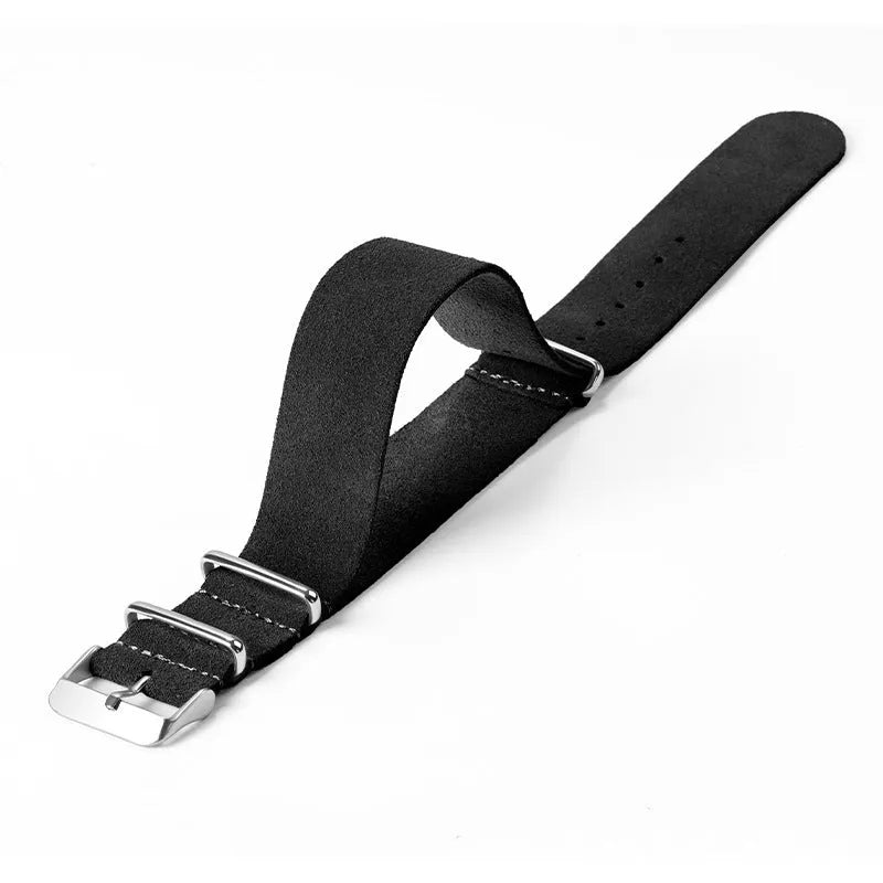 Genuine leather velvet artistic style watch strap in black, 20mm width, with retro texture