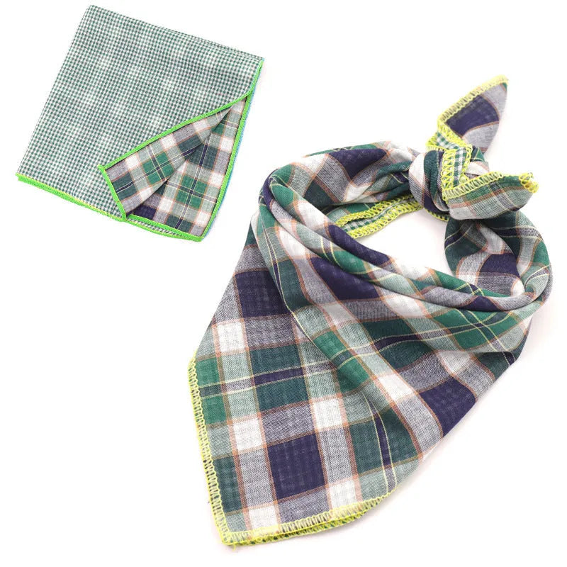 Plaid double sided cotton pet scarf in beige colour, 45x45cm, laid flat on surface