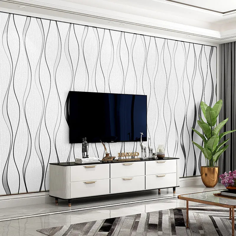 Close-up of dark brown 3D curve stripe textured wallpaper with deerskin velvet finish.