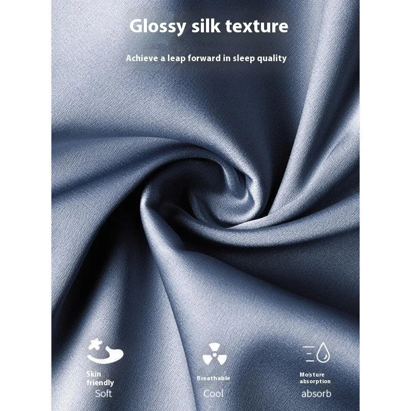 Men's ice silk three-piece home wear set in a thin fabric, showing top, shorts, and trousers for summer loungewear.