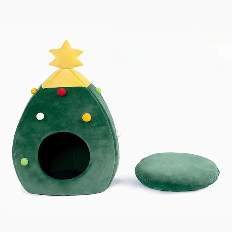 Christmas tree-shaped plush pet cave bed for cats and small dogs with detachable cover