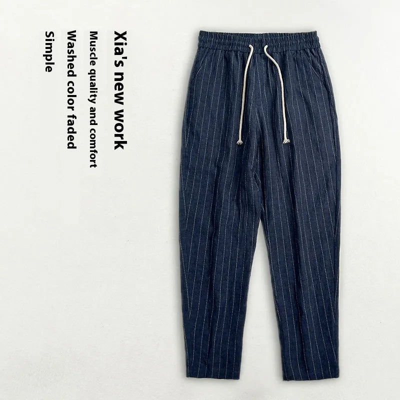 Men's striped cotton linen cropped summer casual pants shown in khaki, coffee, navy and white colour variations