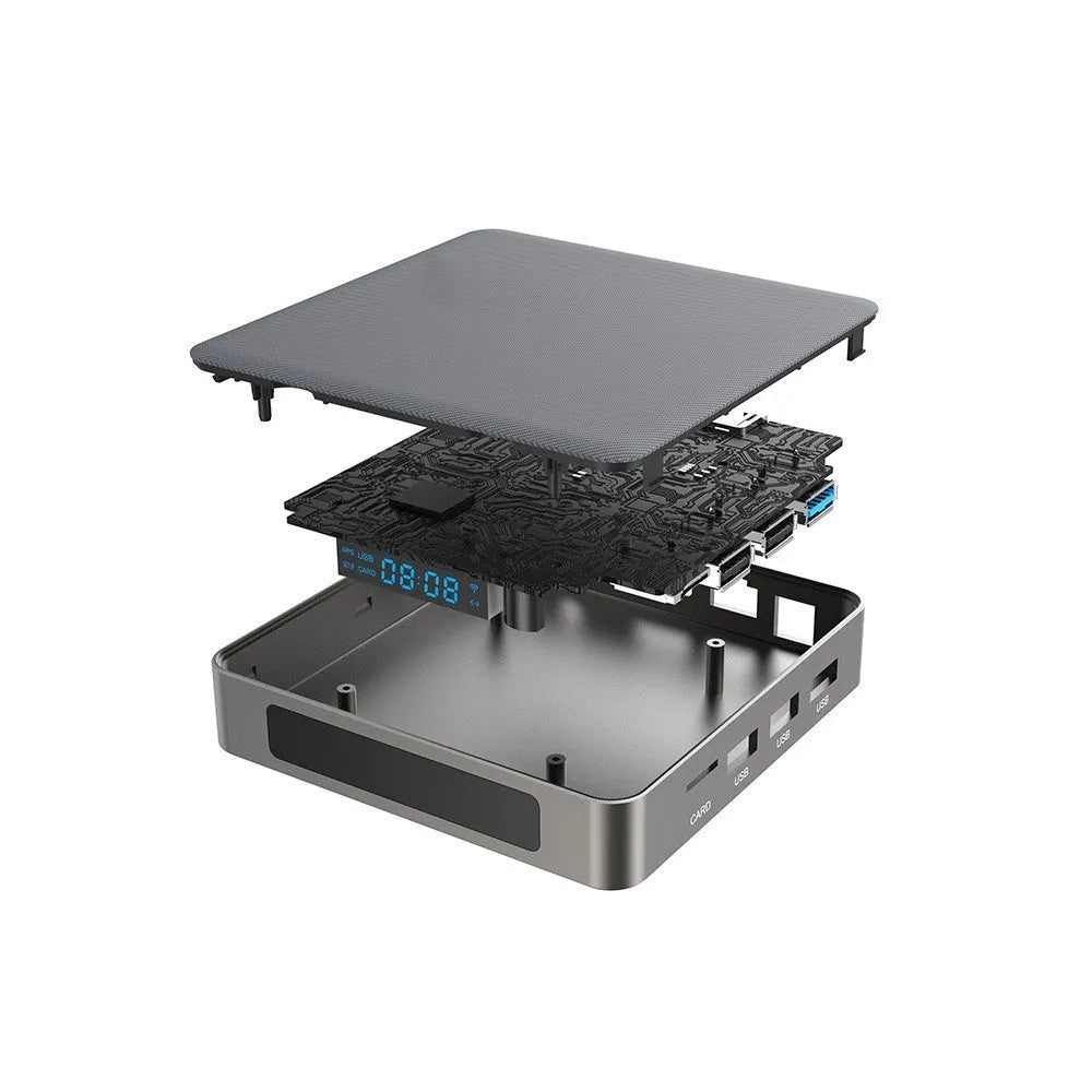 Black Android TV set-top box with HDMI port and remote control on a wooden surface.