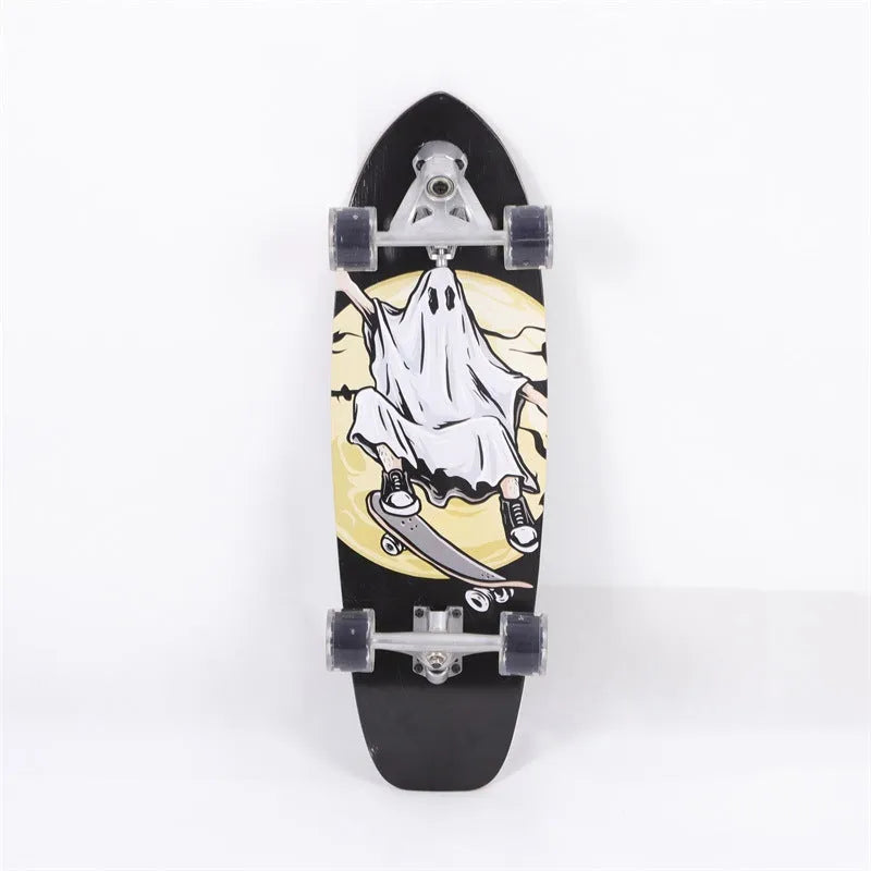 White 31-inch long maple wood street scooter on a plain background