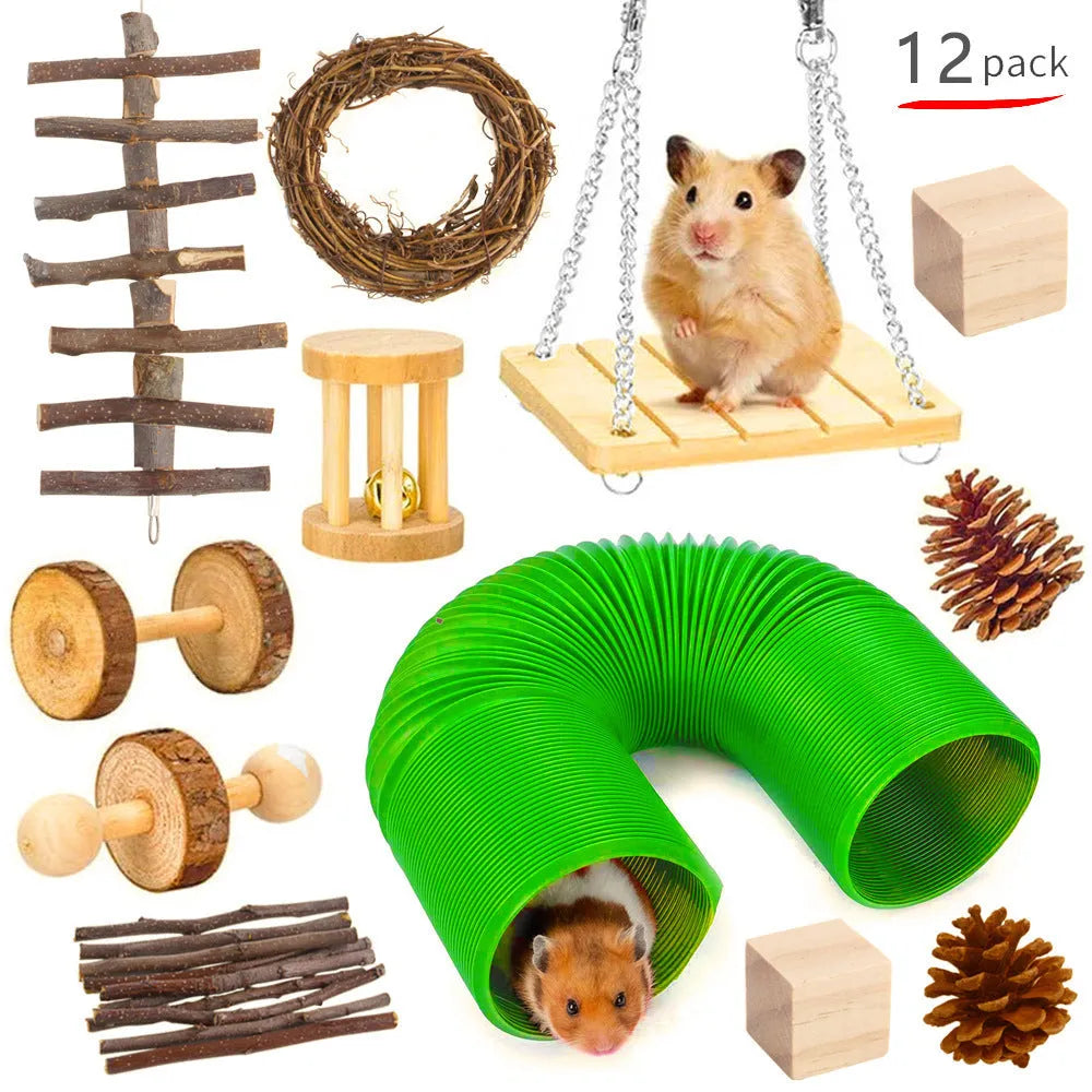 Assorted wooden chew toys and natural material sets for pet rabbits, guinea pigs, and parrots