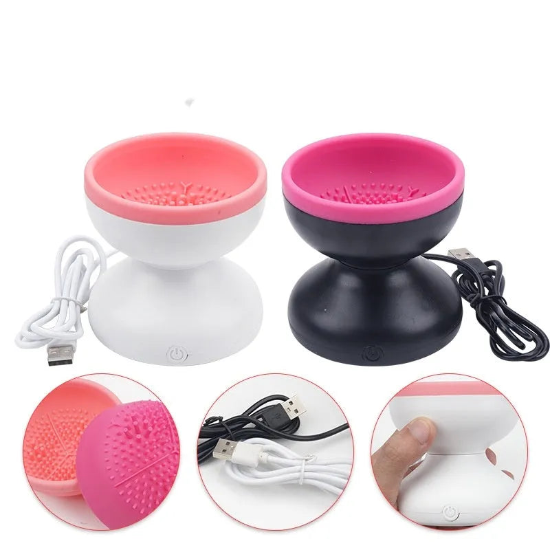 Electric makeup brush cleaner machine in white powder with silicone container and 80r/min motor, 9-8.8cm size
