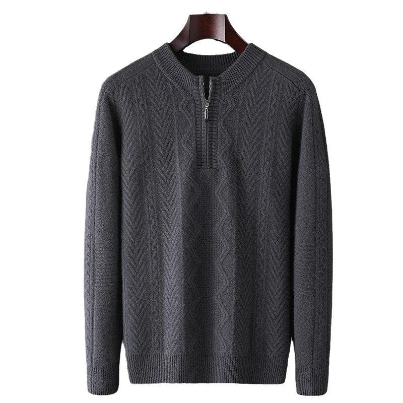 Men's grey wool half-zip sweater with diamond lattice pattern showing front zip and long sleeves