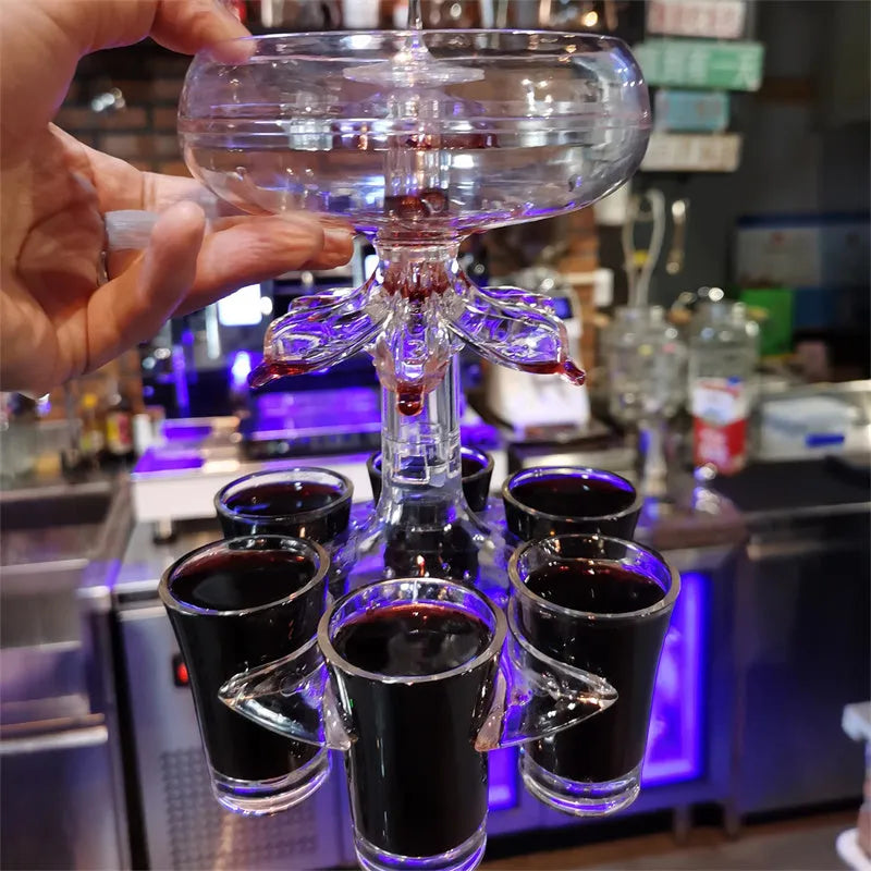 Transparent six-shot glass dispenser holder with goblet shape and six cups