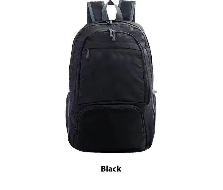 26 inch solid colour foldable backpack in Oxford cloth shown in black, blue, brick red, grey, green, orange, and purple.