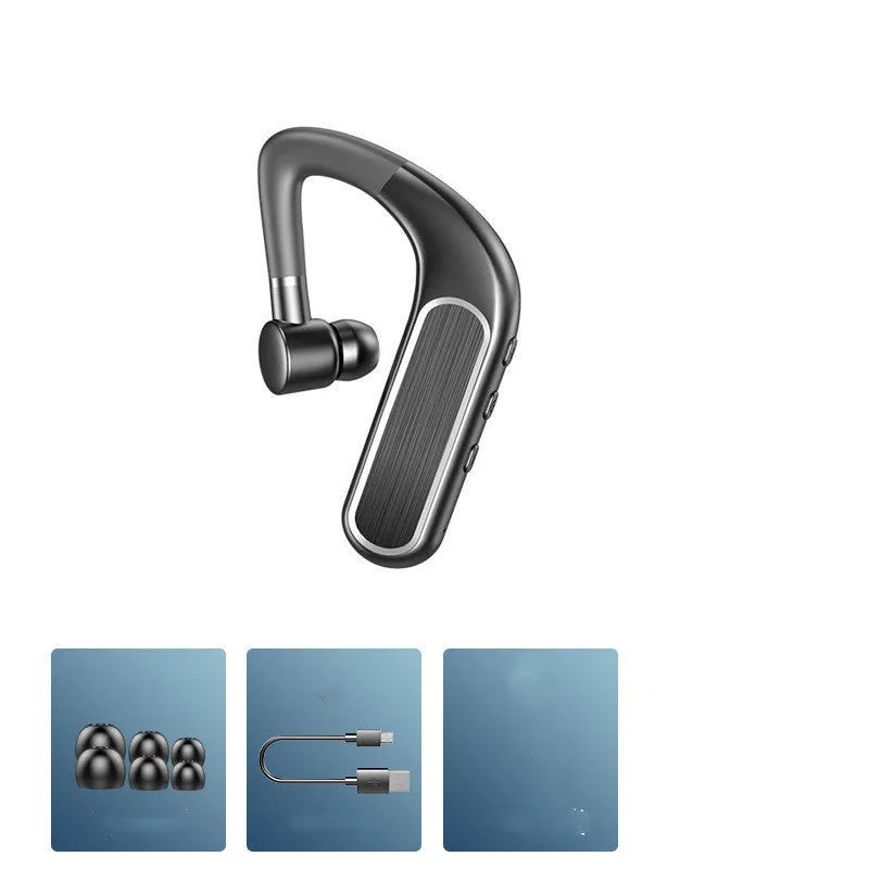 Black Bluetooth hanging ear earphones shown with a charging warehouse and three sizes of ear caps.