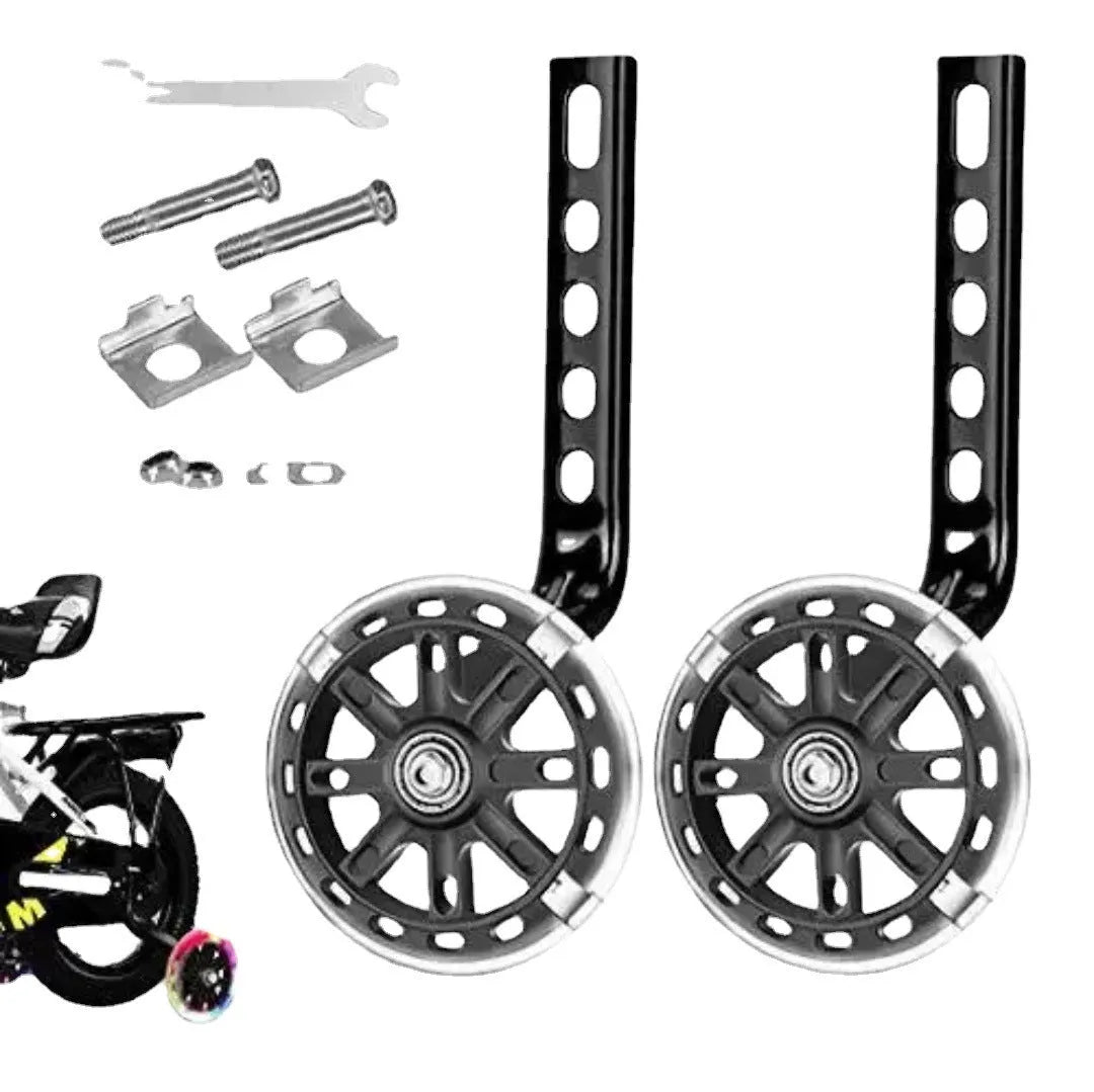 Children's bicycle training wheel set with glow feature and universal 12-20 inch bracket in assorted colours.