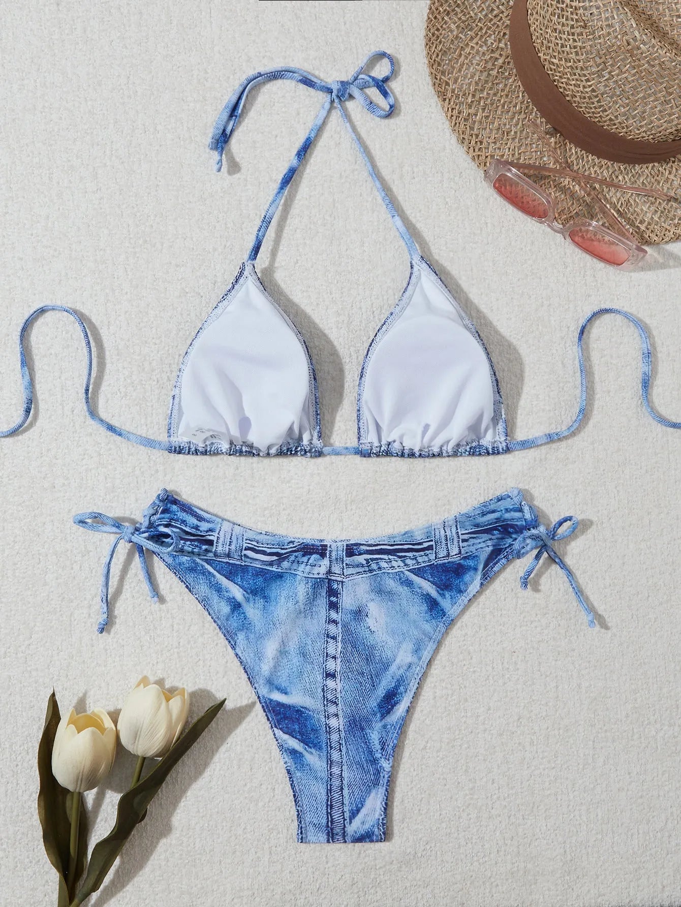Denim blue printed women's bikini set with adjustable straps on the top.