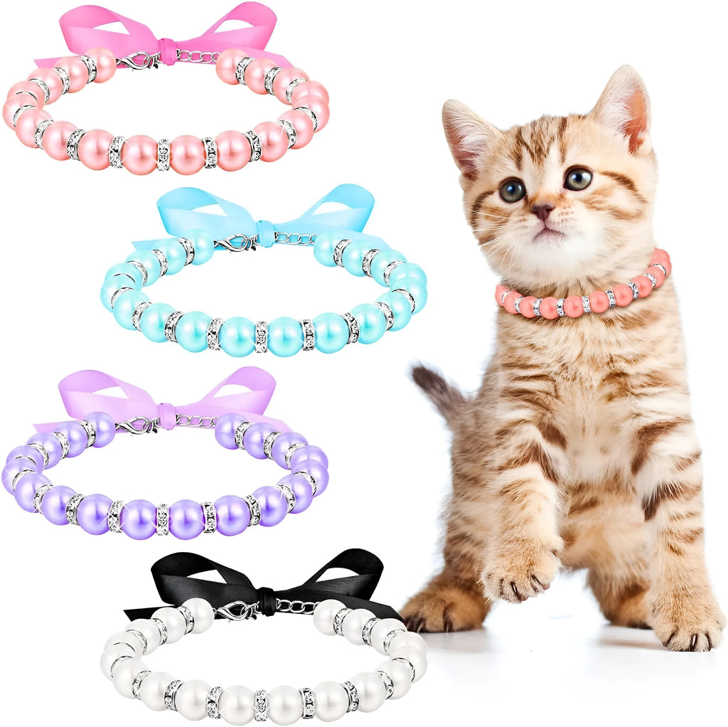 Small dog wearing adjustable pearl and rhinestone necklace with bow in blue colour