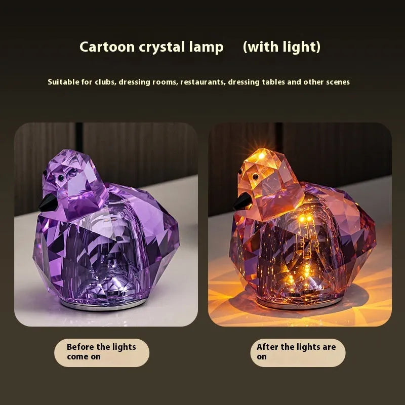 Portable crystal table lamp with 3-level dimming, compact 85x80mm size, available in purple, pink, and transparent colours