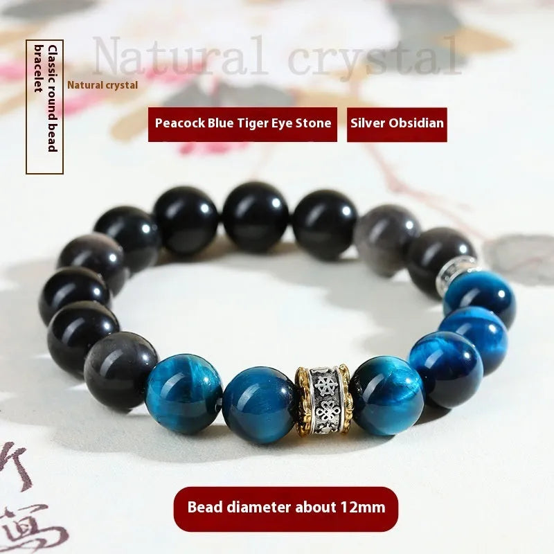 Handmade peacock blue tigereye stone bracelet with geometric ethnic design and adjustable silver fastening