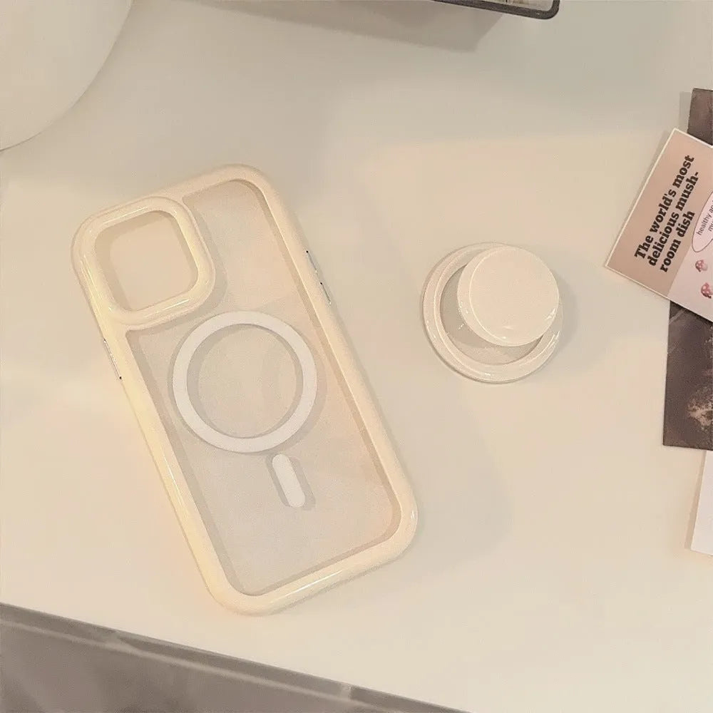 Magnetic bracket phone case for iPhone 16 in transparent style with black edge, showing stand flipped out