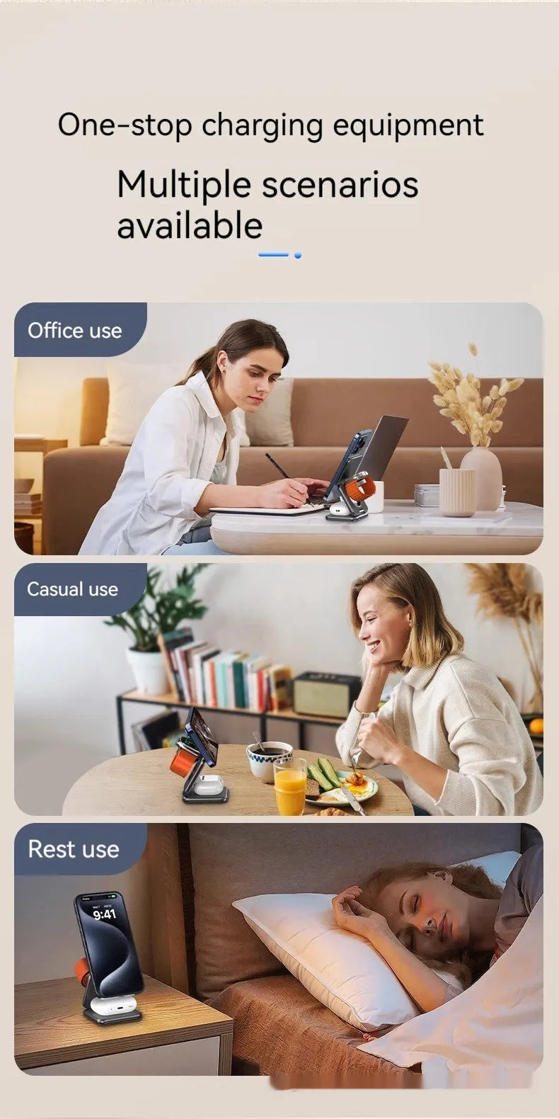 White foldable magnetic wireless charger and phone holder on a desk