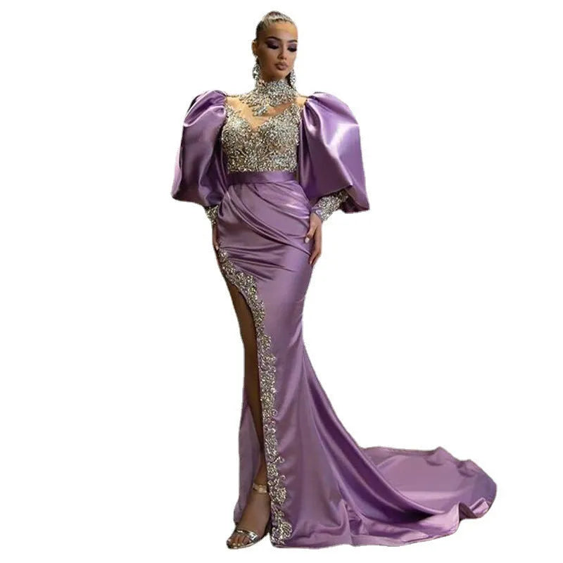 Dress with Princess Sleeves Sheath Trailing Temperament Solid Colour High Waist Swing Long Skirt Chest Wrap Style for Commute and Office Purple Polyester Fiber S M L XL XXL