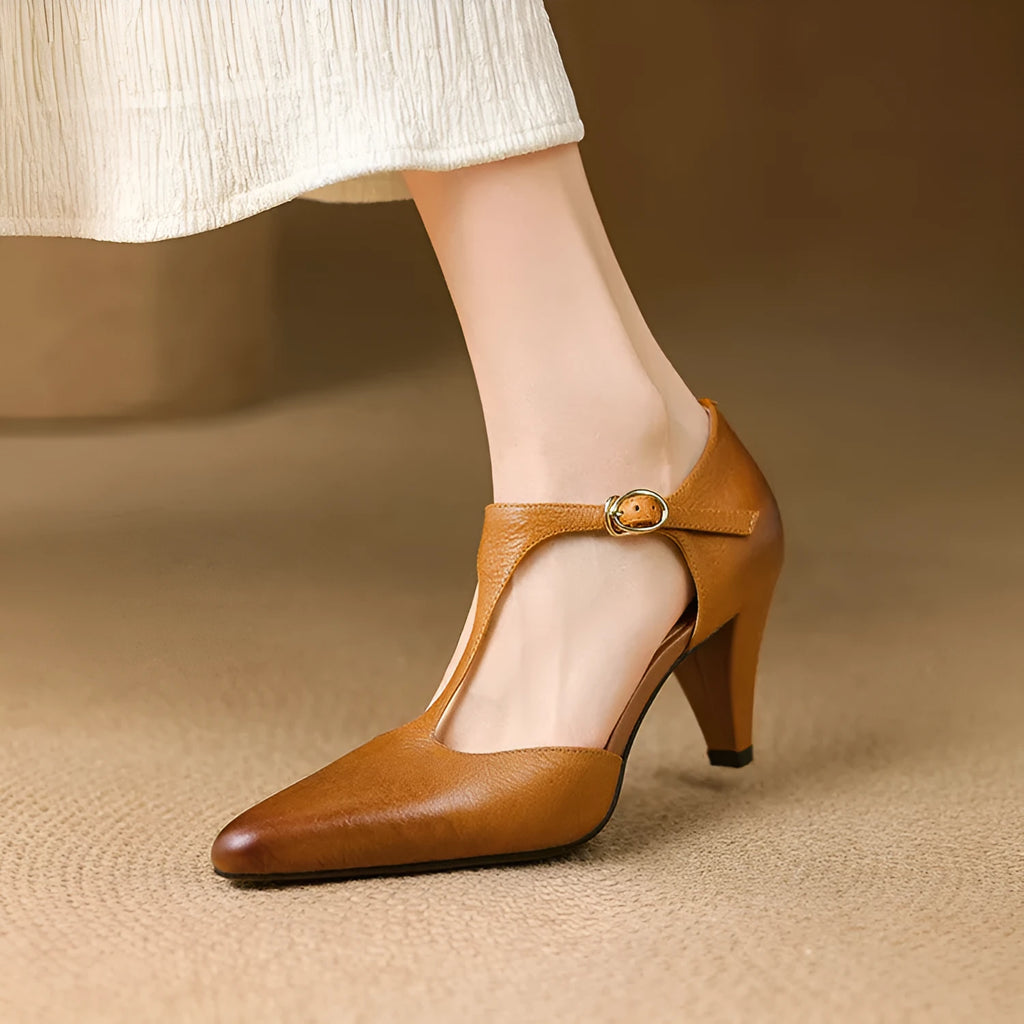 Brown retro women's T-strap sandals with a round toe, buckle closure, and a short stout heel.