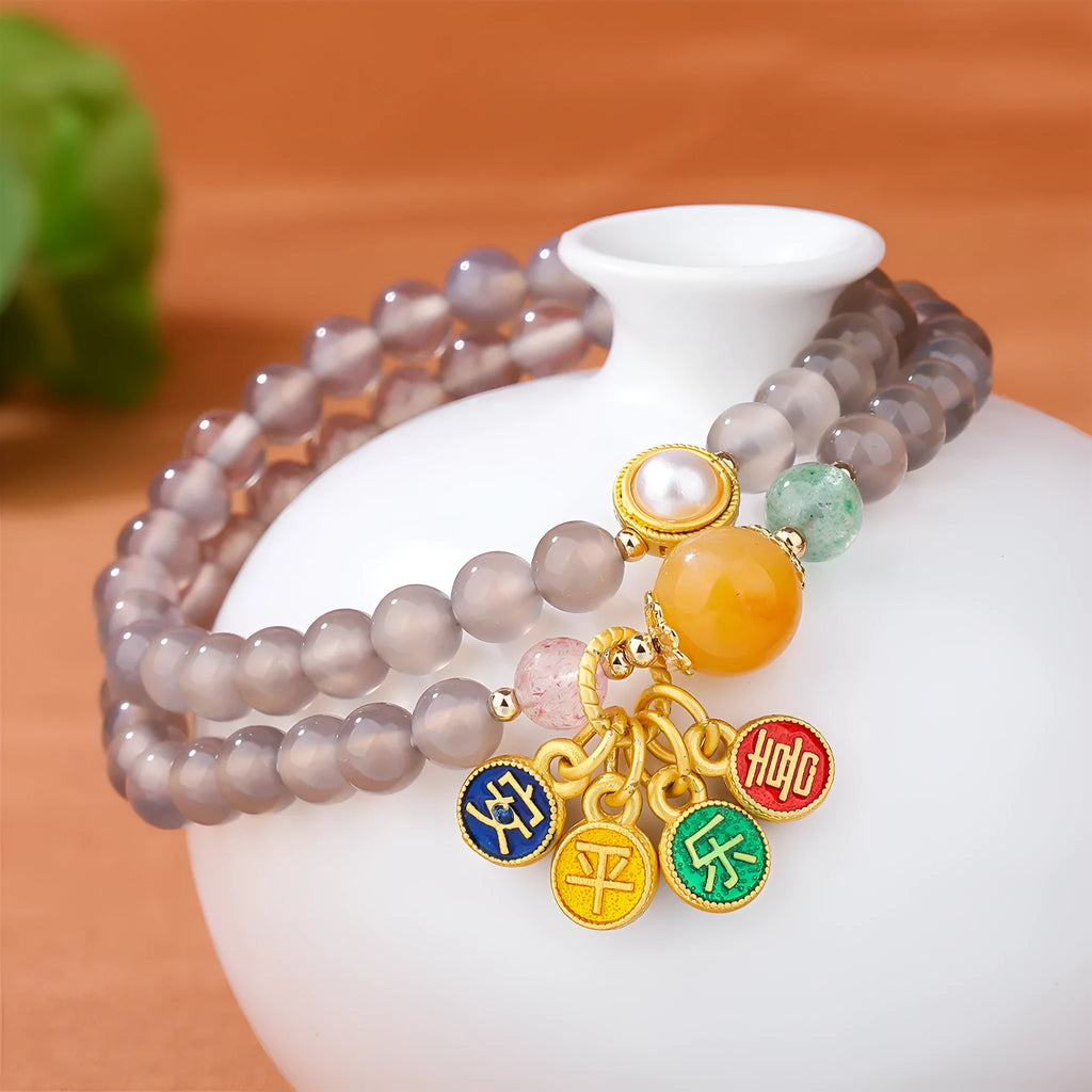 Handmade natural gray agate women's bracelet with two-circle retro design and safe happy charm