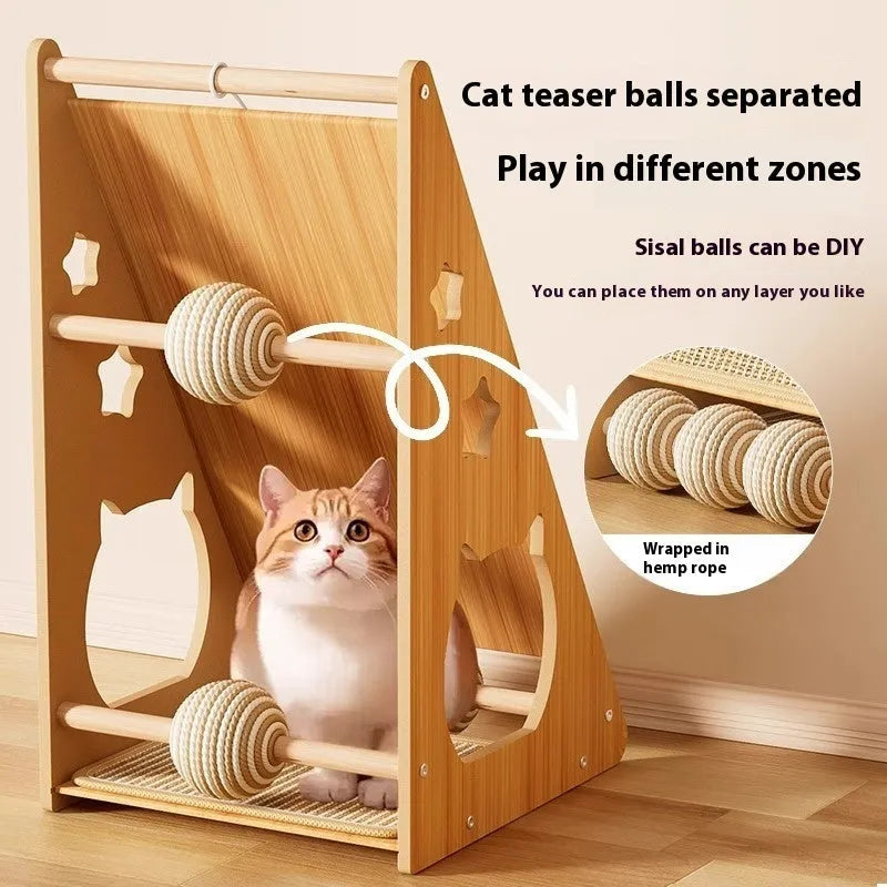 Vertical cat scratch board with funny ball style, made from sisal and hemp rope on a density plate.