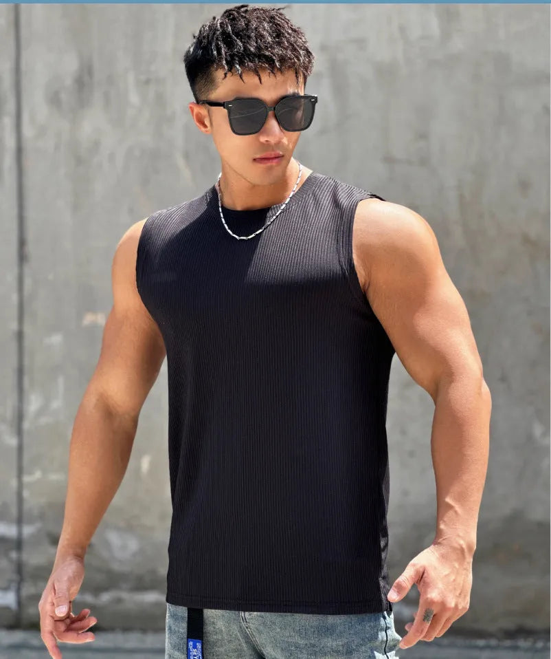 Men's quick-dry sleeveless round-neck workout vest in sky blue, polyester blend for basketball and running