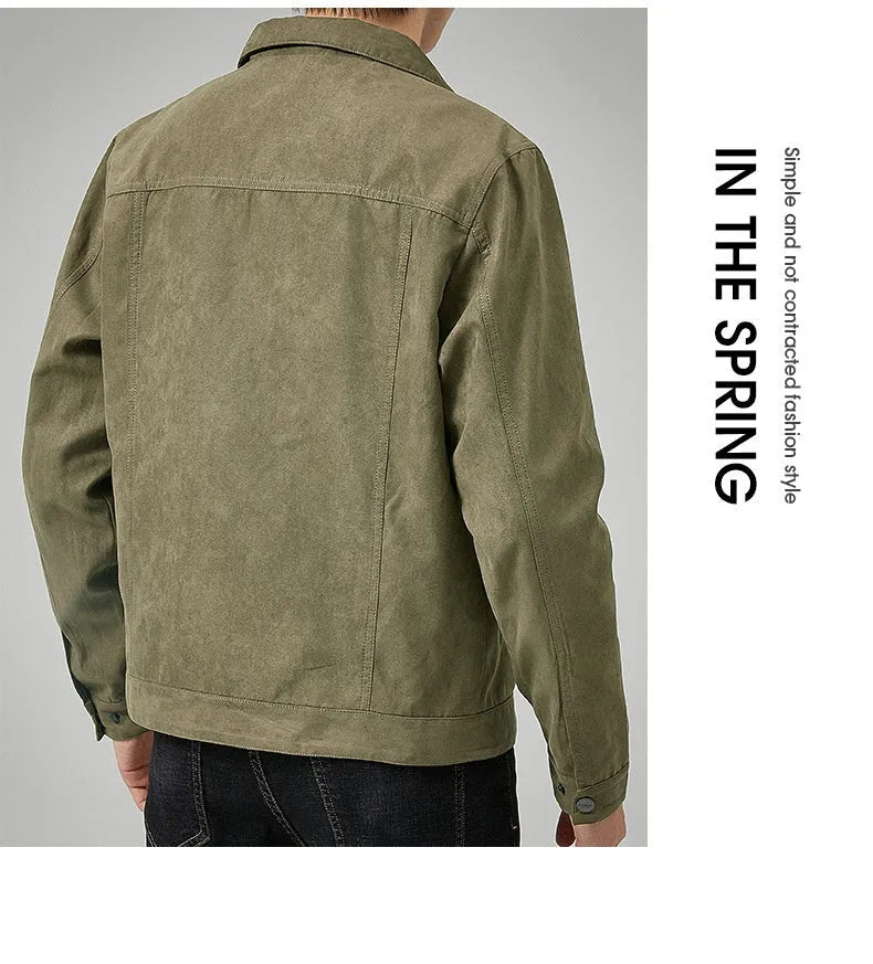 Men's brushed suede slim fit jacket in khaki, with topstitching slit pockets