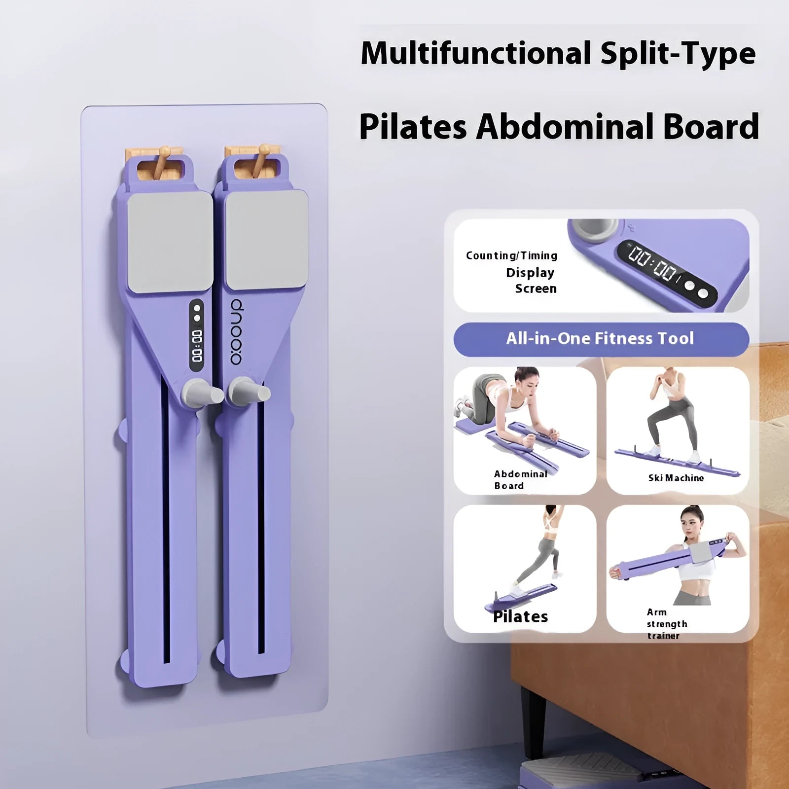 Purple split multifunctional skiing machine trainer with charging counter, 85cm PP construction on home gym floor