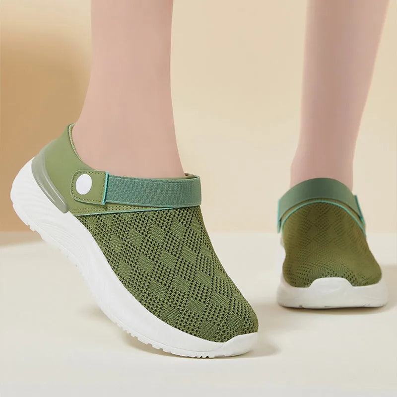 Women's mesh sandals with round toe and open back, available in multiple colours for summer casual wear