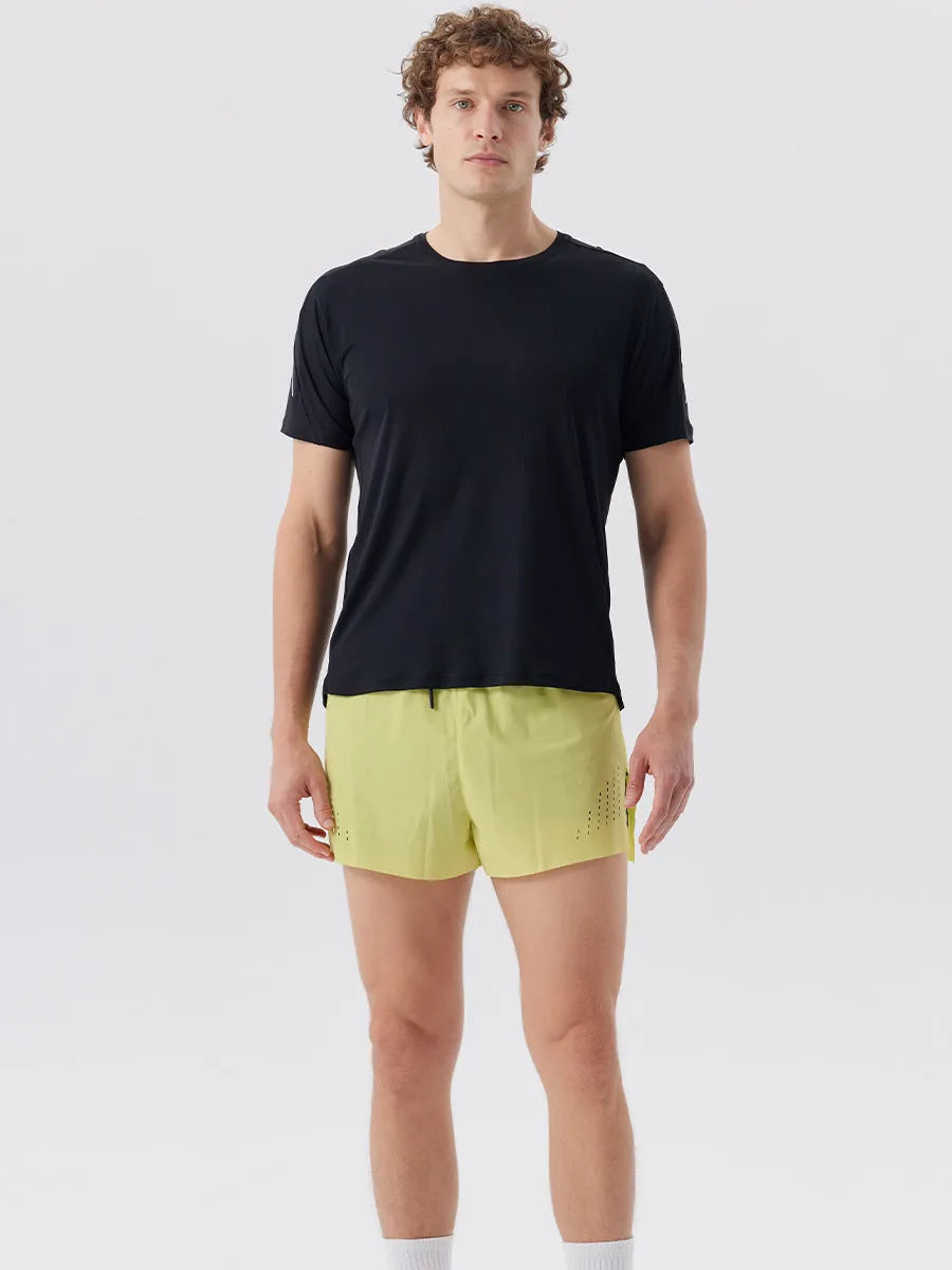 Men's nylon sports shorts with side-slit design in turmeric yellow colour
