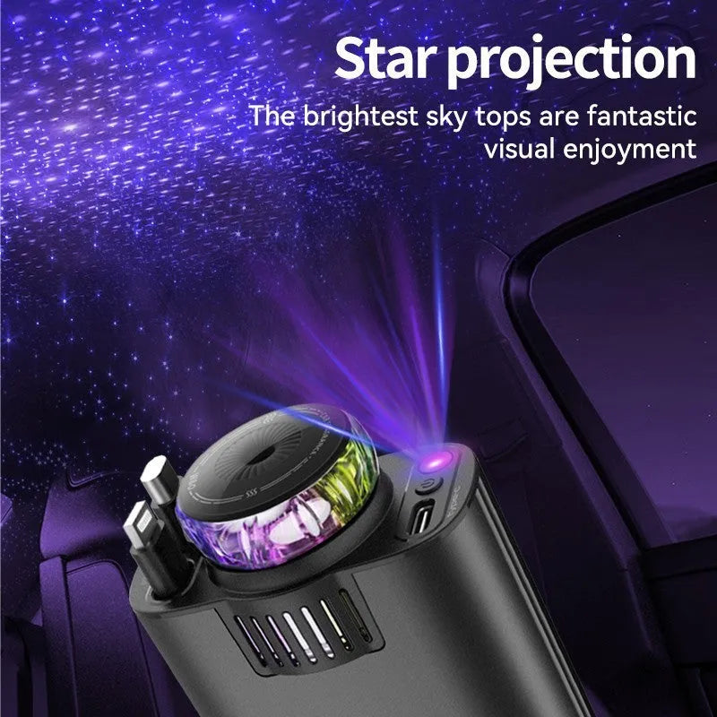 Black-purple multifunctional car phone charger with purple lamp, cigarette lighter plug, one-to-three stretch design, and fast charging.