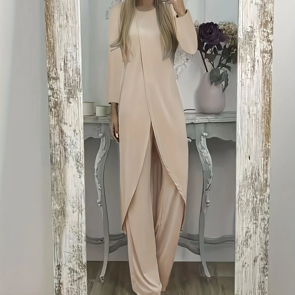 Women's casual long sleeve round neck top and loose trousers lounge set in khaki
