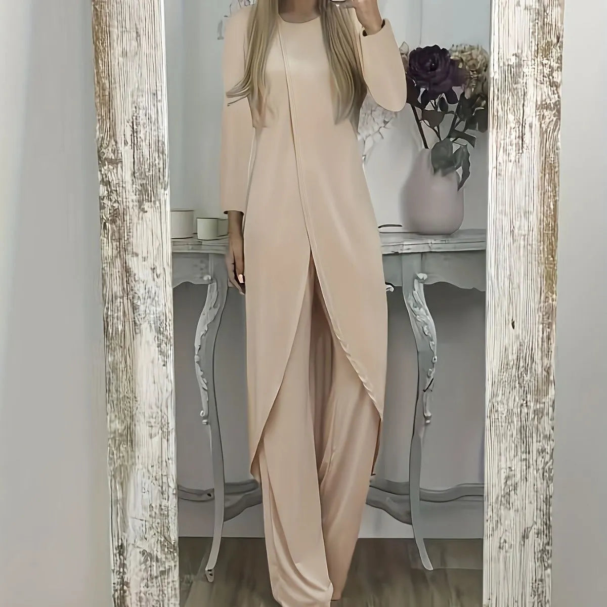 Women's casual long sleeve round neck top and loose trousers lounge set in khaki