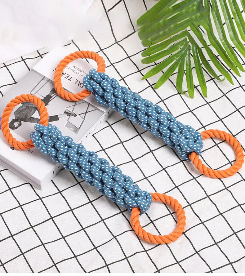 Blue double-ring braided cotton rope dog chew toy with bone shape and textured knots for dental cleaning