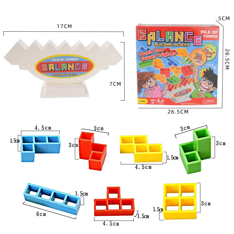 16-piece plastic balance stacking blocks with chassis and base on a table