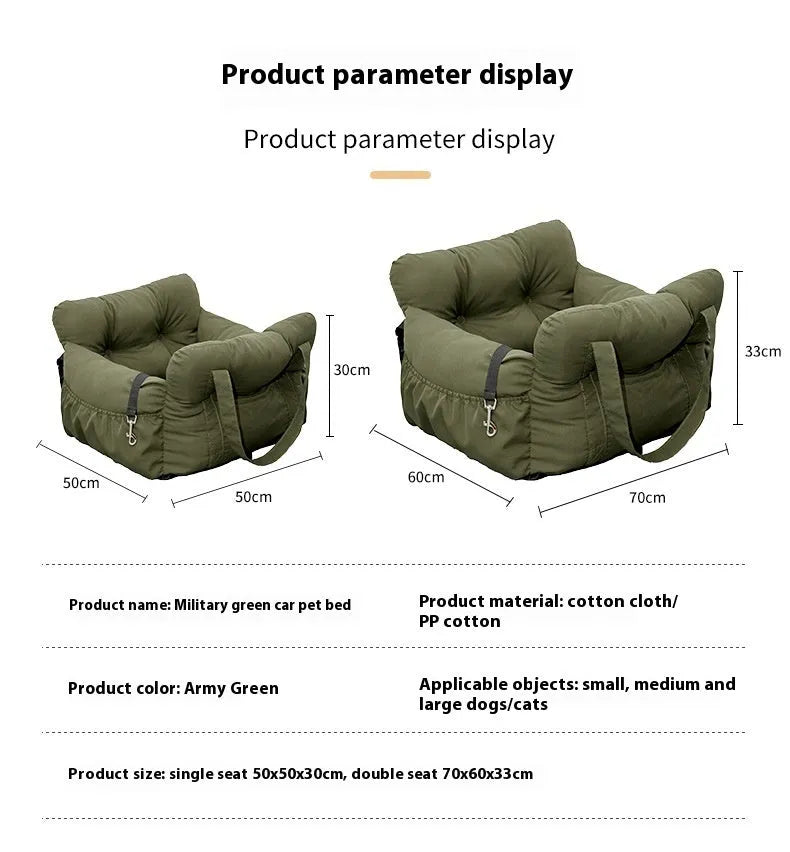Green cloth pet car bed safety seat for dogs cats S and L sizes