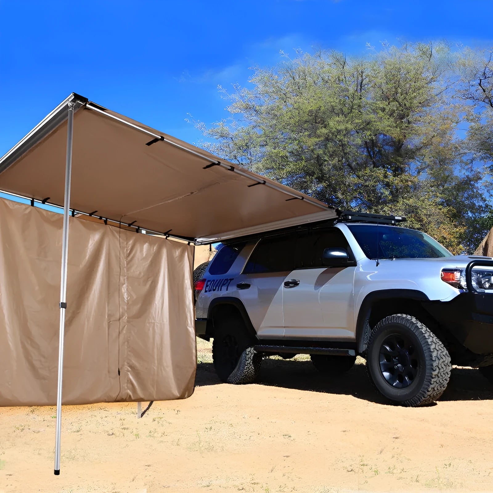 Black glue coated camping tent with aluminium poles and two-bedroom interior