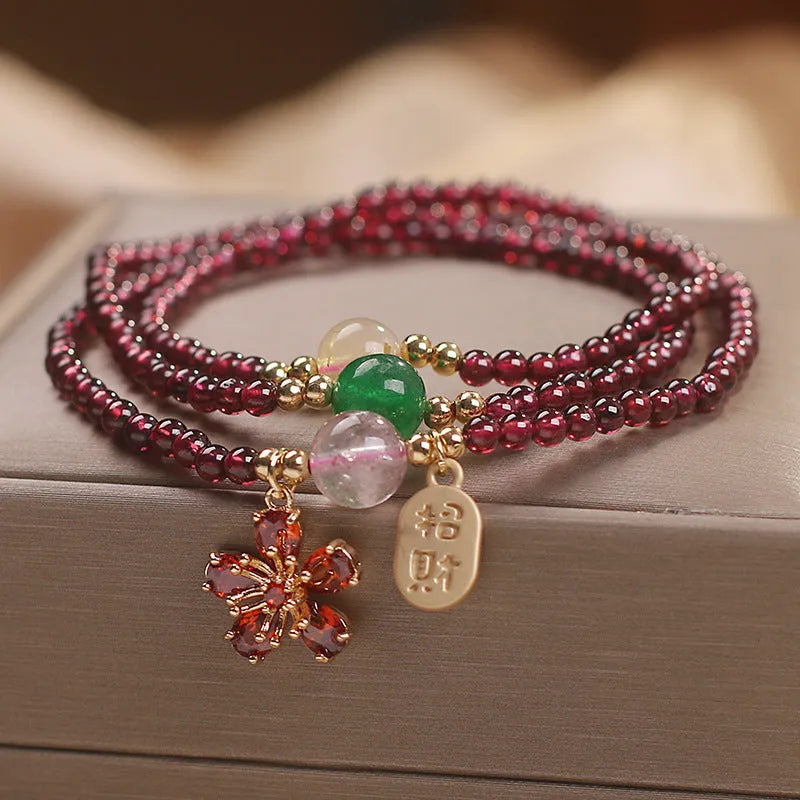 Pomegranate red cherry blossom crystal bracelet for women with sequin decoration on delicate chain