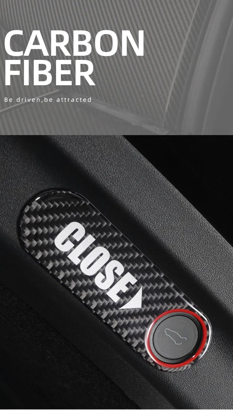 Electric trunk button sticker in carbon black with red edge for car interior modification