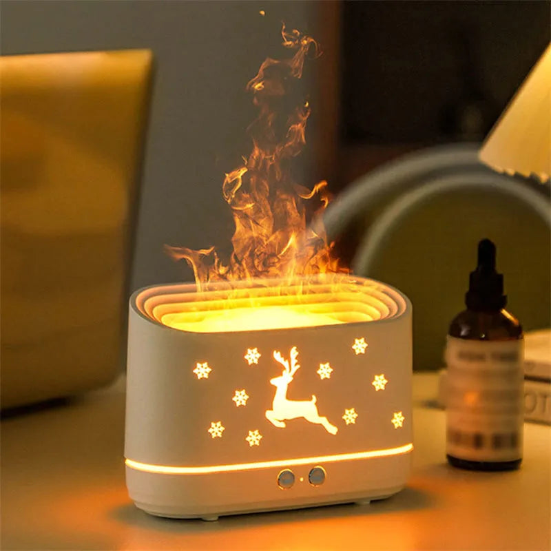 White round Elk flame effect humidifier and essential oil diffuser with USB cable