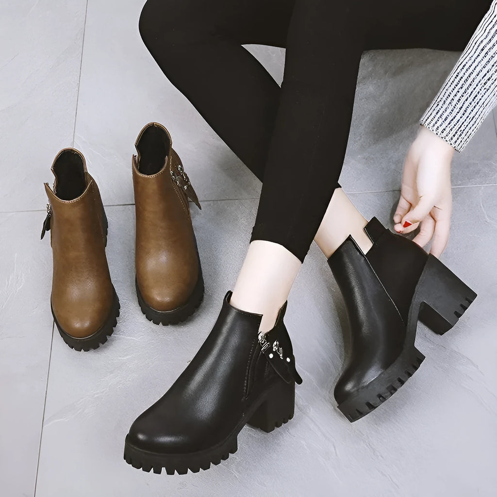 Women's chunky heel platform booties in khaki with rivet detail and mid-calf shaft