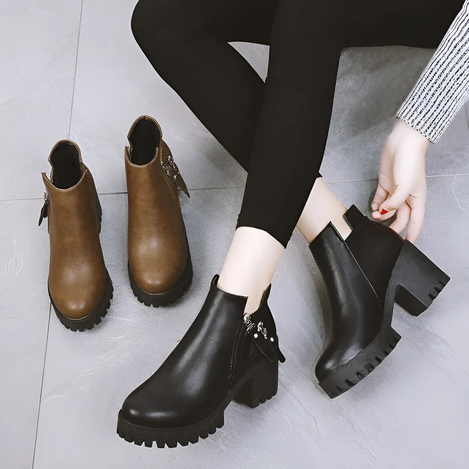 Women's chunky heel platform booties in khaki with rivet detail and mid-calf shaft