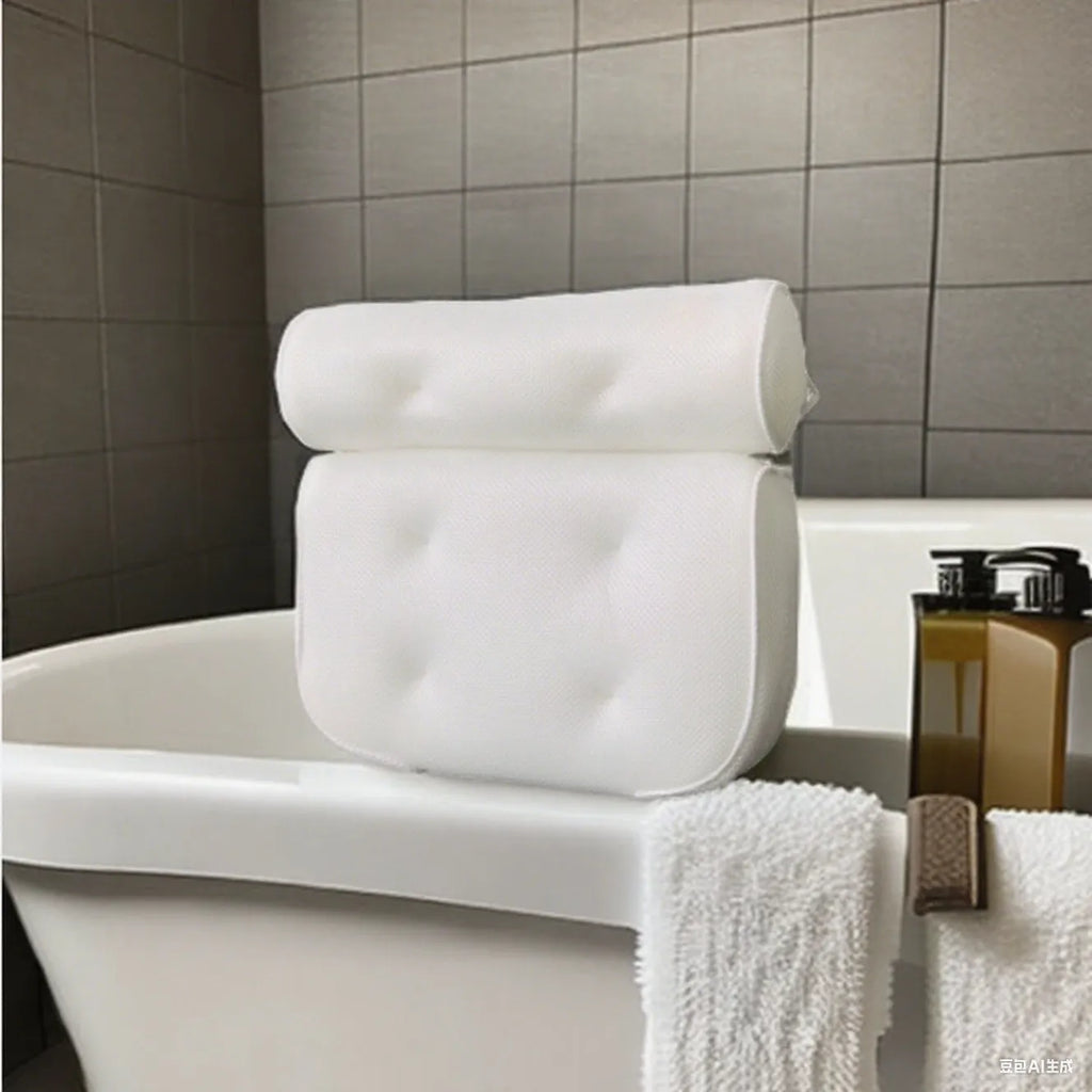White 4D mesh bathtub pillow with 7 suction cups on a smooth bath surface.