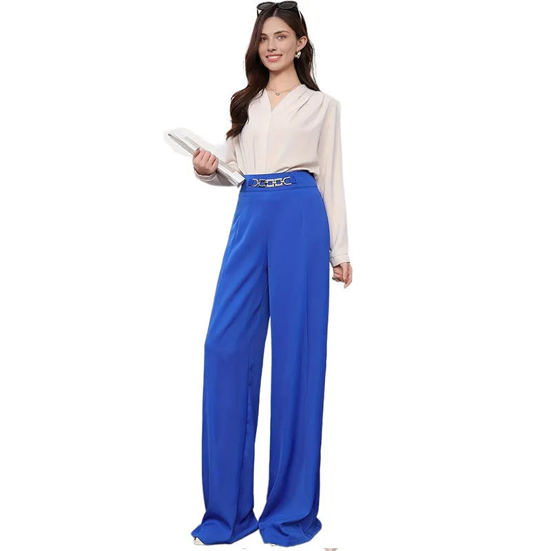 Solid colour drape wide leg pants for women in straight-leg polyester fabric with micro elastic waistband