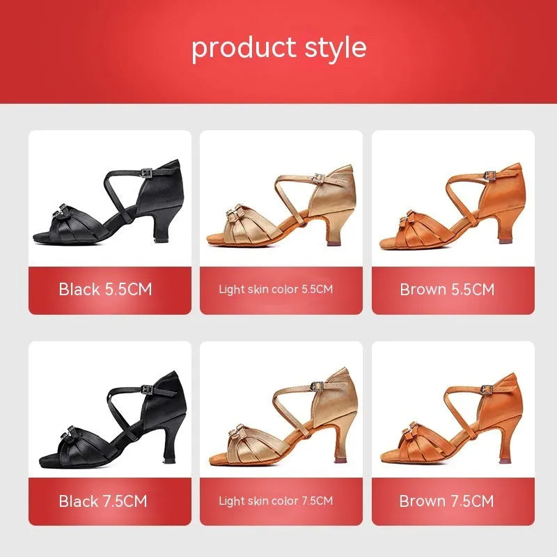 Women's Latin dance high heel shoes with real silk upper in skin colour, 5.5cm heel