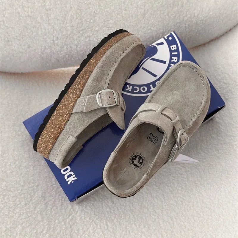 Men's and women's same style mule slippers in sand gray with cow suede upper and cork sole