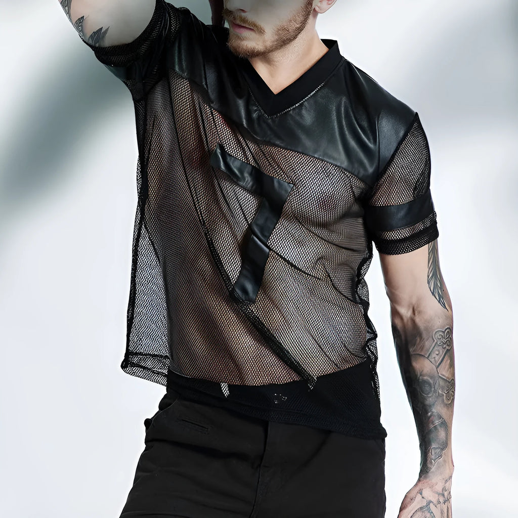 Black men's V-neck polyester sports t-shirt with mesh stitching detail on a hanger.