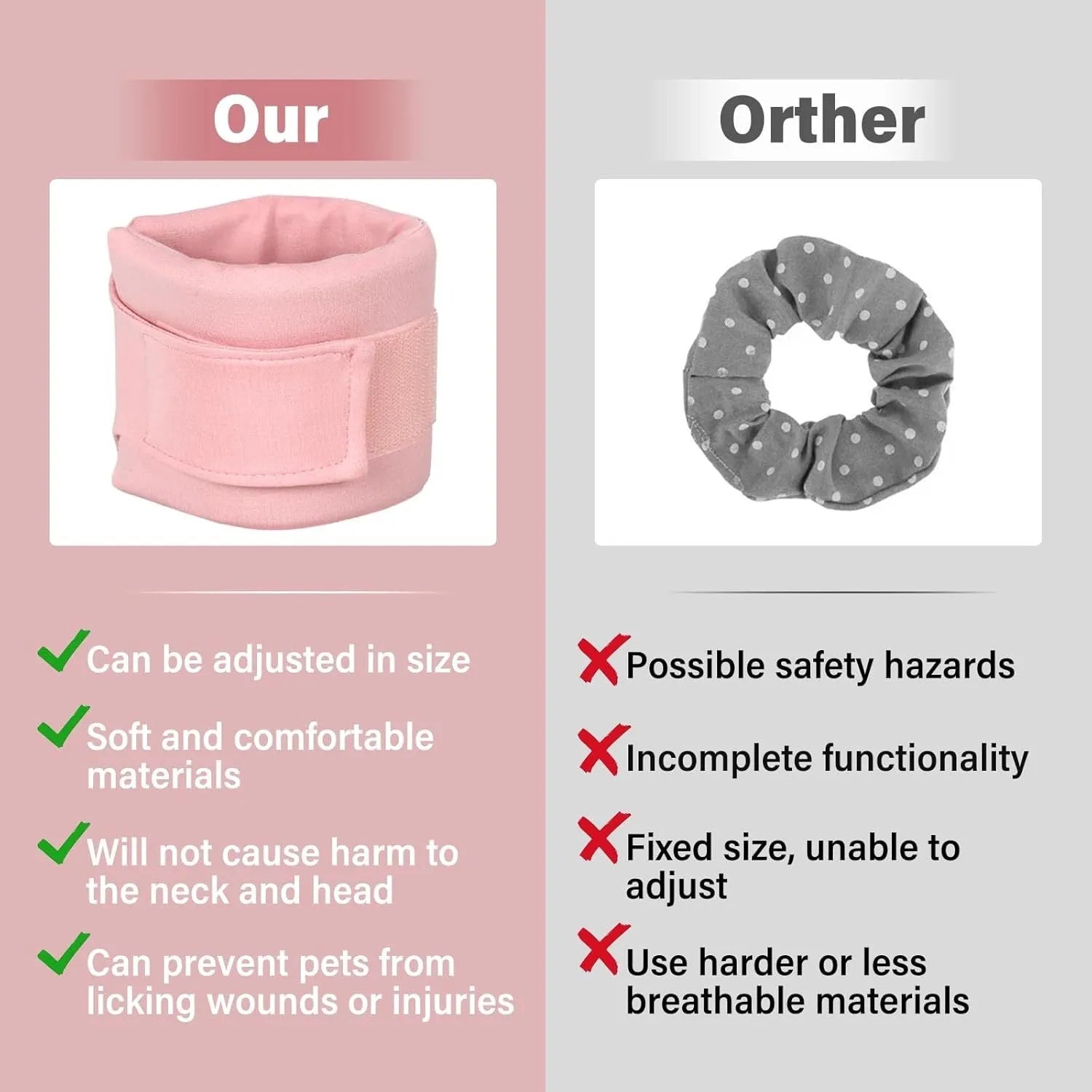 Soft grey cat cone collar neck brace for post-surgery recovery, shown next to a size chart.