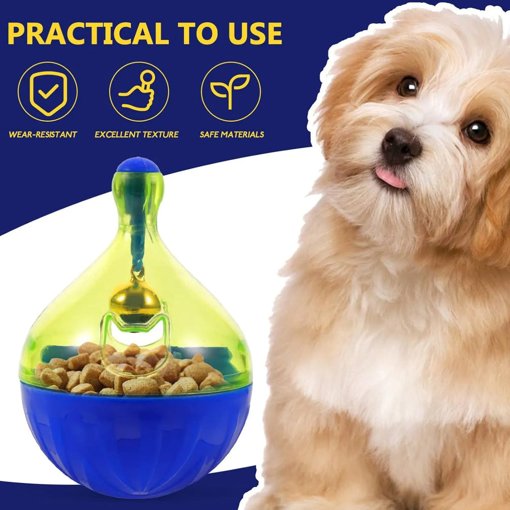 Blue and white tumbler-shaped pet toy for dispensing dog or cat treats during play.