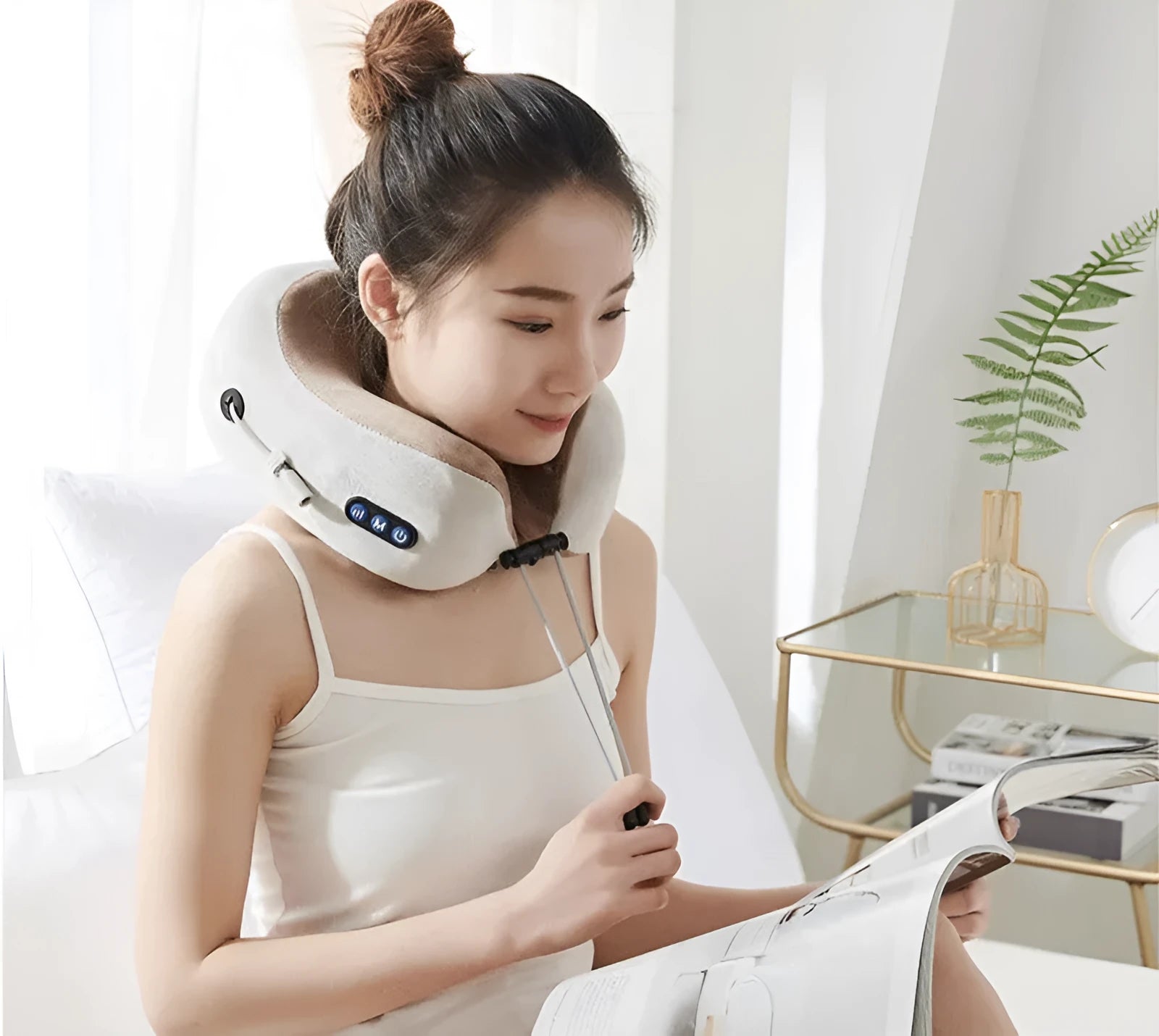 Brown U shaped electric neck massage pillow with kneading and hot compress function for cervical shoulder back relaxation